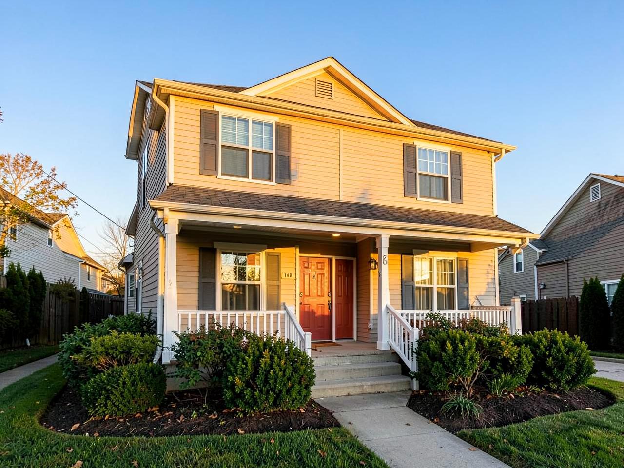 Well-kept rental home exterior at golden hour