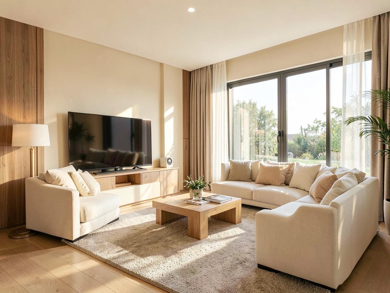 Bright, professionally staged short-term rental living room